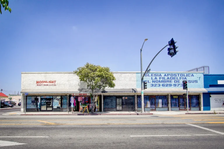 Row of single-story retail storefronts along a commercial street